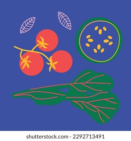 Abstract appetizing Vegetables collection. Decorative abstract horizontal banner with colorful doodles. Hand-drawn modern illustrations with Vegetables, abstract elements. Cucumber, peas, pepper.