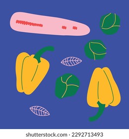 Abstract appetizing Vegetables collection. Decorative abstract horizontal banner with colorful doodles. Hand-drawn modern illustrations with Vegetables, abstract elements. Cucumber, peas, pepper.