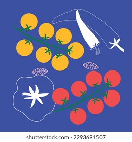 Abstract appetizing Vegetables collection. Decorative abstract horizontal banner with colorful doodles. Hand-drawn modern illustrations with Vegetables, abstract elements. Cucumber, peas, pepper.