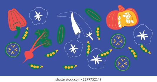 Abstract appetizing Vegetables collection. Decorative abstract horizontal banner with colorful doodles. Hand-drawn modern illustrations with Vegetables, abstract elements. Cucumber, peas, pepper.