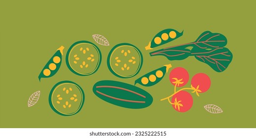 Abstract appetizing Vegetables collection. Decorative abstract horizontal banner with colorful doodles. Hand-drawn modern illustrations with Vegetables, abstract elements