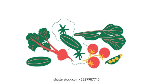 Abstract appetizing Vegetables collection. Decorative abstract horizontal banner with colorful doodles. Hand-drawn modern illustrations with Vegetables, abstract elements.