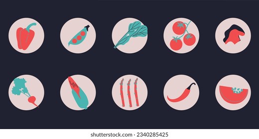 Abstract appetizing Vegetables collection. Decorative abstract horizontal banner with colorful doodles. Hand-drawn modern illustrations with Vegetables, abstract elements.