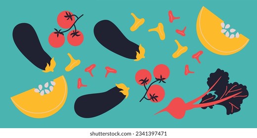 Abstract appetizing Vegetables collection. Decorative abstract horizontal banner with colorful doodles. Hand-drawn modern illustrations with Vegetables, abstract elements.