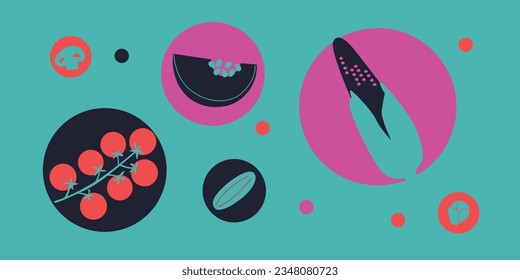 Abstract appetizing Vegetables collection. Decorative abstract horizontal banner with colorful doodles. Hand-drawn modern illustrations with Vegetables, abstract elements.