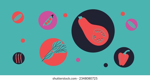 Abstract appetizing Vegetables collection. Decorative abstract horizontal banner with colorful doodles. Hand-drawn modern illustrations with Vegetables, abstract elements.