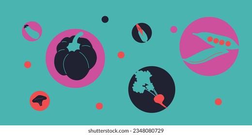 Abstract appetizing Vegetables collection. Decorative abstract horizontal banner with colorful doodles. Hand-drawn modern illustrations with Vegetables, abstract elements.