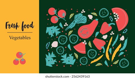 Abstract appetizing Vegetables collection. Decorative abstract horizontal banner with colorful doodles. Hand-drawn modern illustrations with Vegetables, abstract elements. Cucumber, peas, pepper.	
