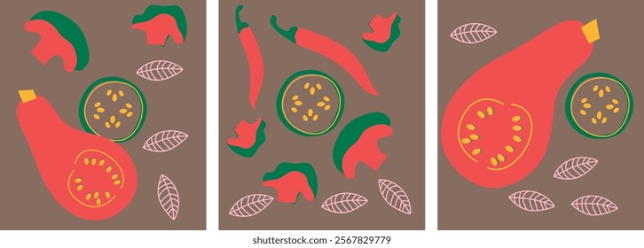 Abstract appetizing Vegetables collection. Decorative abstract horizontal banner with colorful doodles. Hand-drawn modern illustrations with Vegetables, abstract elements. Cucumber, peas, pepper.	
