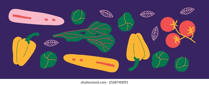 Abstract appetizing Vegetables collection. Decorative abstract horizontal banner with colorful doodles. Hand-drawn modern illustrations with Vegetables, abstract elements. Cucumber, peas, pepper.	
