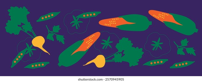 Abstract appetizing Vegetables collection. Decorative abstract horizontal banner with colorful doodles. Hand-drawn modern illustrations with Vegetables, abstract elements. Cucumber, peas, pepper.	
