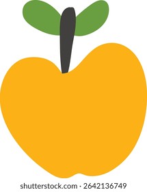 An abstract apple with a leaf in a flat style. The fruit shape is bold and simplified with a stylized stem. Cartoon vector illustration.
