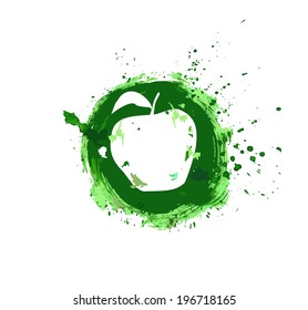 Abstract apple on a round green background, are painted, symbol, vector