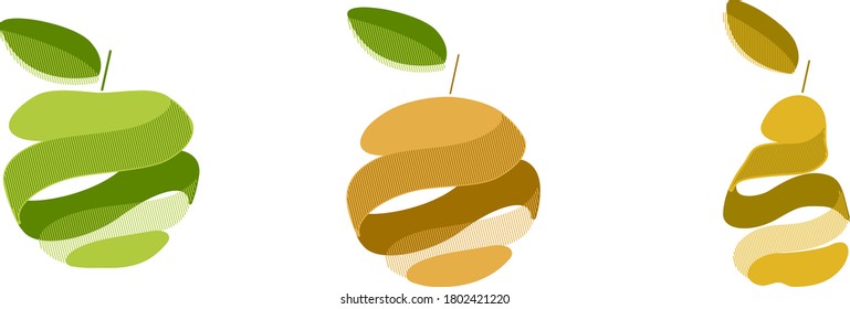 Abstract apple, orange, pear in the form of a spiral, ribbon with decorative lines on a white background.  Creative vector isolated logo for web, business, emblem, label, logotype, company.