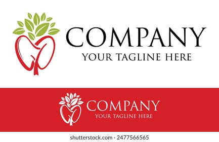 Abstract Apple Red Color Dental with Leaf Logo Concept Design