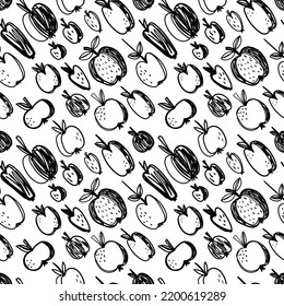 Abstract apple seamless pattern. Hand drawn vector illustration. Pen or marker doodle sketch. Black and white scribble