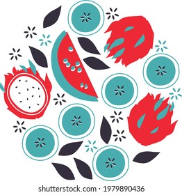 Abstract apple, slice watermelon, pitahaya. Cute appetizing Fruits and berries collection. Decorative abstract circle drawing with colorful doodles summer Fruits . Hand-drawn modern illustrations