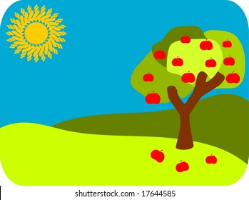 Abstract apple tree in green landscape