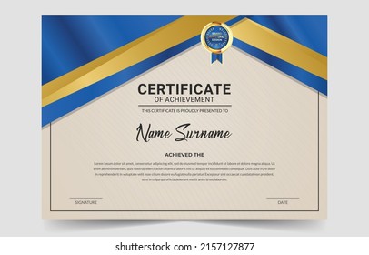 Resumen de Apreciación y Logro Certificado de Modelo de Modelo, plantilla de certificado de logro en azul y oro con distintivo de oro y borde, mejor conjunto de certificados de diploma