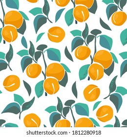 Abstract apricot seamless pattern with leaves and orange fruits. Colorful summer background for fabric design print, textile, backdrops. Hand-drawn style vector illustration.