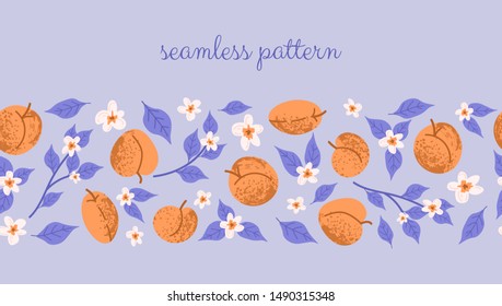 Abstract apricots, branches and flowers on a blue background. Decorative seamless pattern