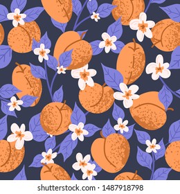 Abstract apricots on a blue background. Decorative seamless pattern, fruits and flowers.
