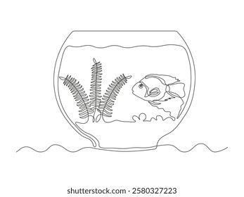 Abstract aquarium with algae, seaweed and fish. continuous single one line art hand drawing sketch logo