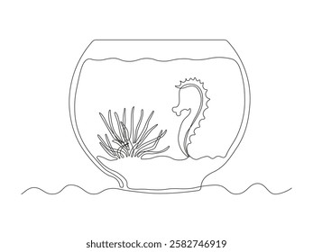 Abstract aquarium with algae, seaweed and seahorse. continuous single one line art hand drawing sketch logo