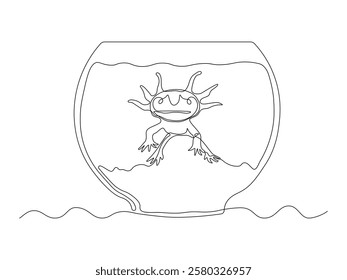 Abstract aquarium with axolotl,amphibian,larva. continuous single one line art hand drawing sketch logo