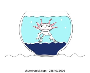 Abstract aquarium with axolotl,amphibian,larva. continuous single one line art hand drawing sketch logo