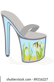 Abstract aquarium with aquarium fish in the soles of shoes