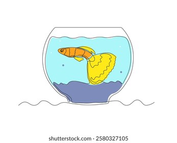 Abstract aquarium with gold fish. continuous single one line art hand drawing sketch logo