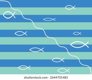 Fundo aquático abstrato com listras azuis e turquesa, contornos de peixes brancos e linhas onduladas representando um rio fluindo ou cena subaquática.