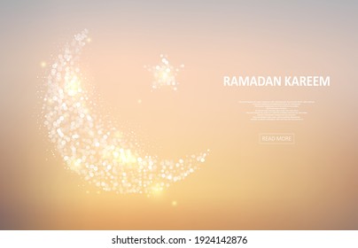 Abstract arab moon with star and glowing lights. Muslim holiday Ramadan Kareem. Graphic concept for your design