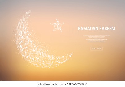 Abstract arab moon with star and glowing lights. Muslim holiday Ramadan Kareem. Graphic concept for your design