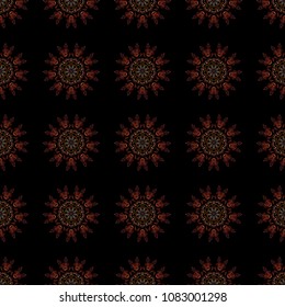 Abstract arabesque background for greeting card, presentation or wedding invitations. Traditional vector gothic damask background. Orange, brown and red seamless background flower ornament pattern.