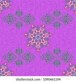 Abstract arabesque background for greeting card, presentation or wedding invitations. Traditional vector gothic damask background. Blue, violet and green seamless background flower ornament pattern.