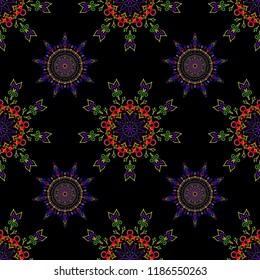 Abstract arabesque background for greeting card, presentation or wedding invitations. Traditional vector gothic damask background. Yellow and violet seamless background flower ornament pattern.