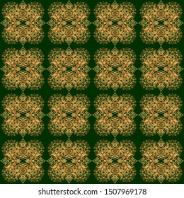 Abstract arabesque background for greeting card, presentation or wedding invitations. Golden and green seamless background flower ornament pattern. Traditional vector gothic damask background.