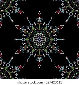 Abstract arabesque background for greeting card, presentation or wedding invitations. Traditional vector gothic damask background. Blue, green and red seamless background flower ornament pattern.