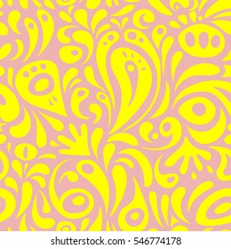 Abstract arabesque background for greeting card, presentation or wedding invitations. Traditional vector gothic damask background. Yellow and pink seamless background flower ornament pattern.