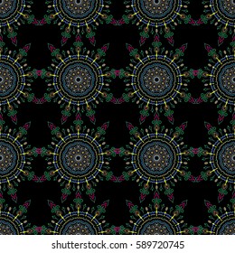 Abstract arabesque background for greeting card, presentation or wedding invitations. Traditional vector gothic damask background. Green, yellow and blue seamless background flower ornament pattern.