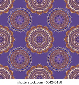 Abstract arabesque background for greeting card, presentation or wedding invitations. Traditional vector gothic damask background. Orange and violet seamless background flower ornament pattern.