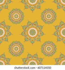 Abstract arabesque background for greeting card, presentation or wedding invitations. Traditional vector gothic damask background. Orange and yellow seamless background flower ornament pattern.