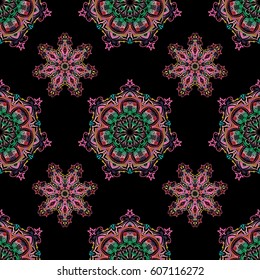 Abstract arabesque background for greeting card, presentation or wedding invitations. Traditional vector gothic damask background. Violet, pink and green seamless background flower ornament pattern.