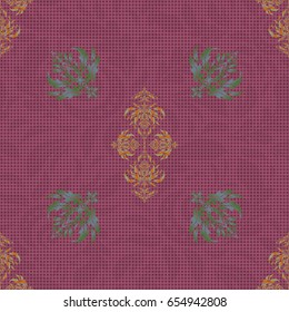 Abstract arabesque background for greeting card, presentation or wedding invitations. Traditional vector gothic damask background. Purple and orange seamless background flower ornament pattern.