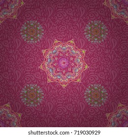 Abstract arabesque background for greeting card, presentation or wedding invitations. Traditional vector gothic damask background. Pink and green seamless background ornament pattern.