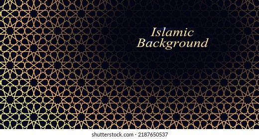 Abstract arabesque background, Islamic geometric pattern, gold on black design for banner or poster. Traditional Moroccan ornament. Vector illustration