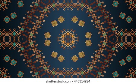 abstract arabesque pattern in the shape of a lily and geometric shapes in red on a dark background