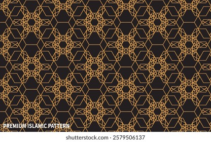Abstract Arabian Islamic Geometric Pattern with Gold and Black of Turkish Mosque Window. Islamic pattern vector design background in Golden Color. Premium Islamic Pattern Design.
